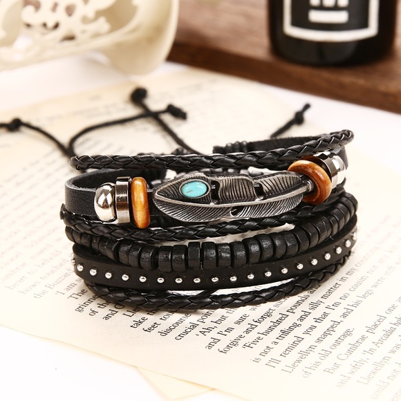 Boho Multilayer Leather Feather Beaded Bracelets - Picture 2 of 8